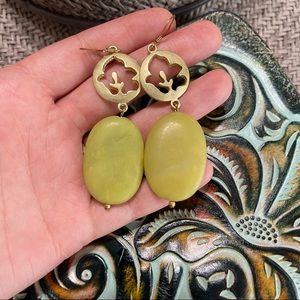 Gold boho floral raw peridot lime green hook dangle earrings